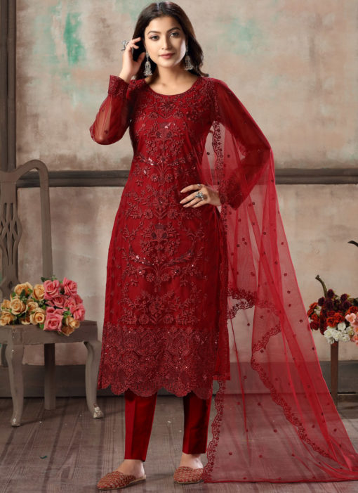 Red Net Embroidered Party Wear Straight Cut Churidar Suit