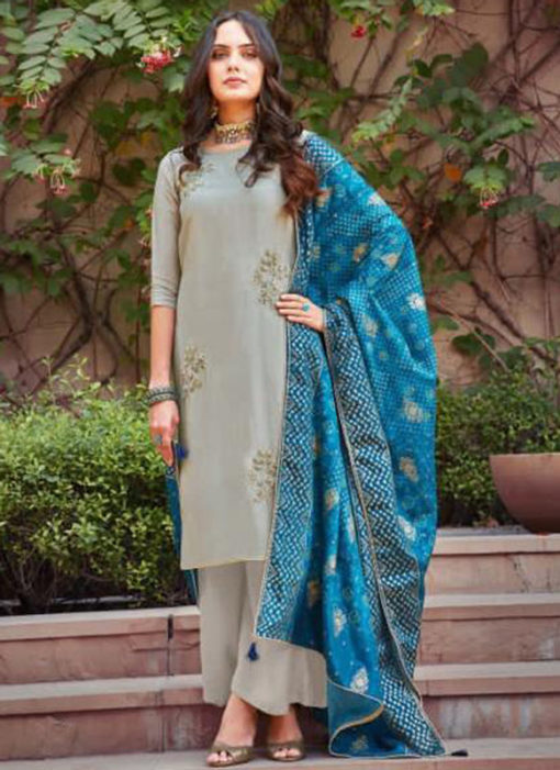 Lovely Grey Silk Embroidered Work Designer Salwar Suit