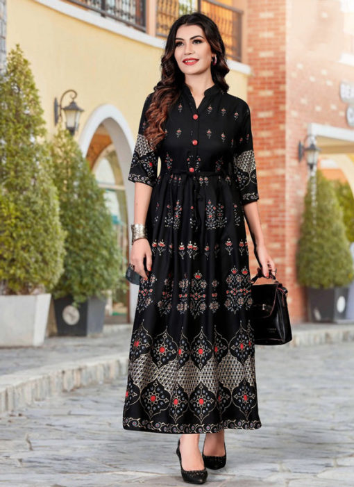 Excellent Black Heavy Rayon Casual Wear Foil Printed Work Long Kurti