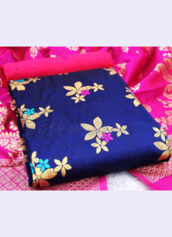 Lovely Navy Blue Banarasi Silk Traditional Wear Zari Work Salwar Suit