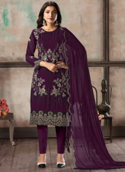 Magenta Faux Georgette Embroidered Festival Wear Churidar Suit