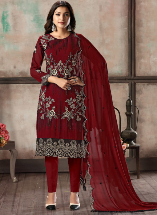 Red Faux Georgette Embroidered Festival Wear Churidar Suit