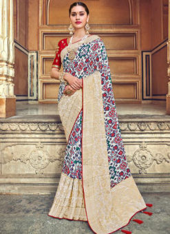 White Banarasi Silk Designer Wedding Saree