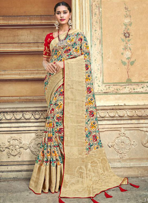 Off White Banarasi Silk Designer Wedding Saree
