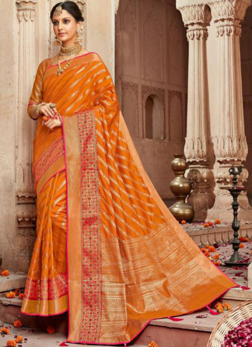 Lovely Orange Silk Zari Weaving Wedding Designer Saree