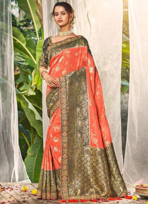 Peach Silk Zari Weaving Wedding Designer Saree