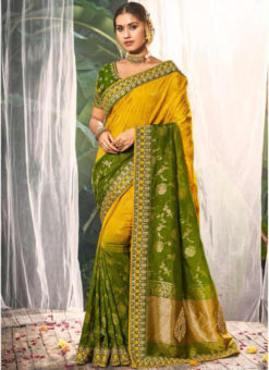 Mustared And Green Silk Zari Weaving Designer Saree
