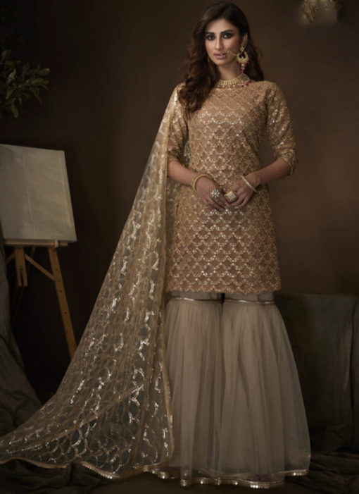 Lovely Beige Net Thread Work Designer Pakistani Suit
