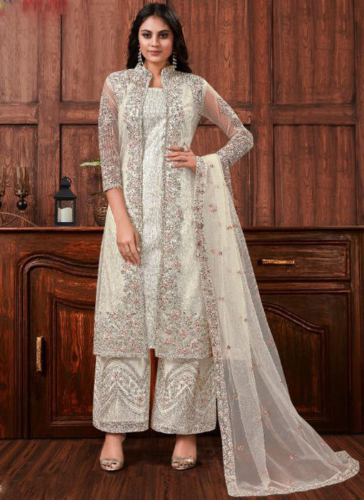 Lovely Off White Net Embroidered Work Designer Salwar Suit