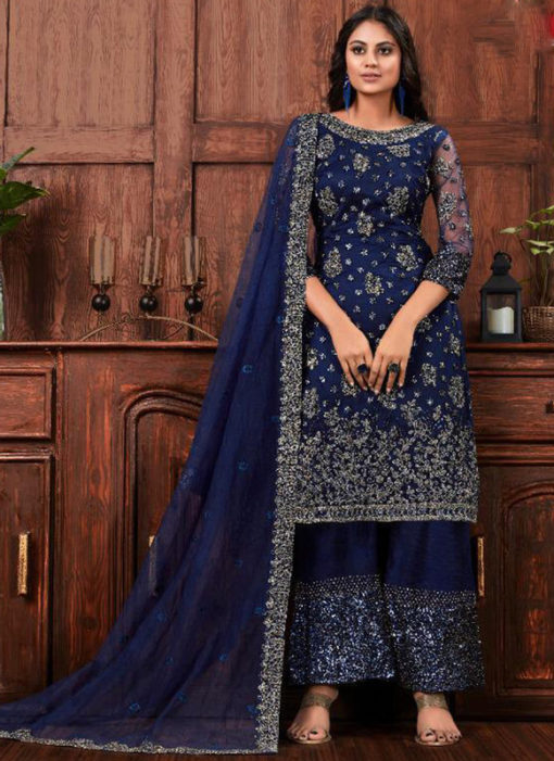 Amazing Blue Net Embroidered Work Designer Salwar Suit