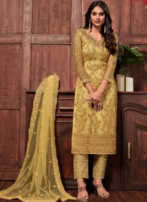 Beautiful Yellow Net Embroidered Work Designer Salwar Suit