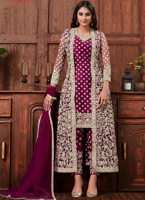 Alluring Purple Net Embroidered Work Designer Salwar Suit