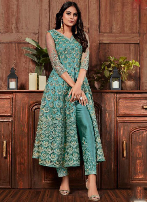 Elegant Sea Blue Net Embroidered Work Designer Salwar Suit