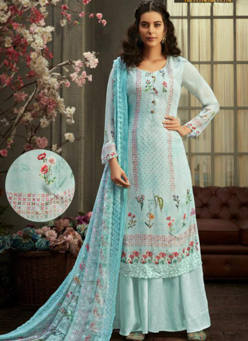 Elegant Sky Blue Georgette Digital Printed Casual Wear Salwar Suit