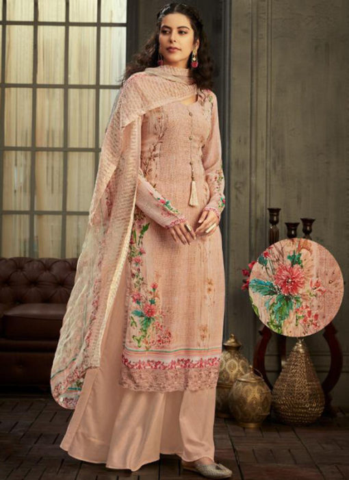 Beautiful Peach Georgette Digital Printed Casual Wear Salwar Suit