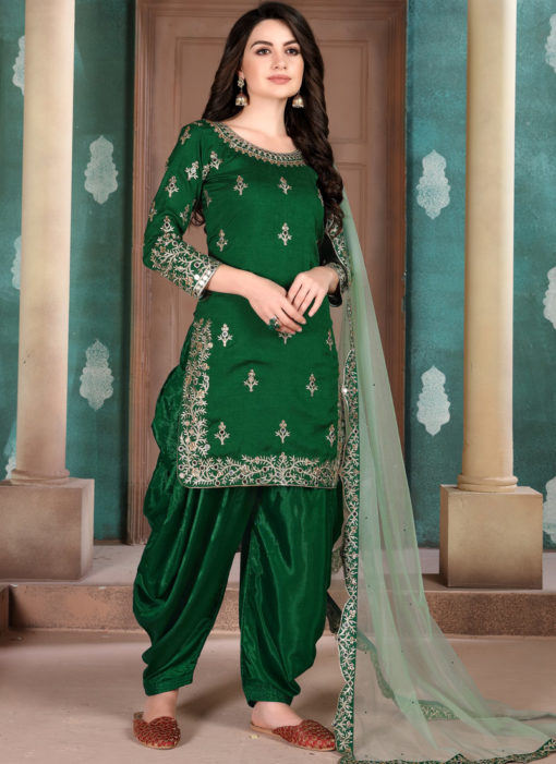 Green Art Silk Party Wear Patiala Salwar Suit