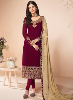 Maroon Georgette Embroidered Work Party Wear Churidar Suit