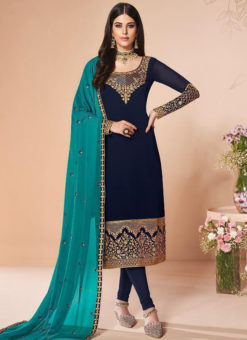 Navy Blue Georgette Embroidered Work Party Wear Churidar Suit