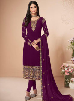 Purple Georgette Embroidered Work Party Wear Churidar Suit