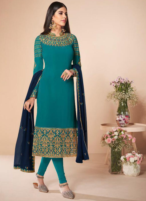 Sea Blue Georgette Embroidered Work Party Wear Churidar Suit