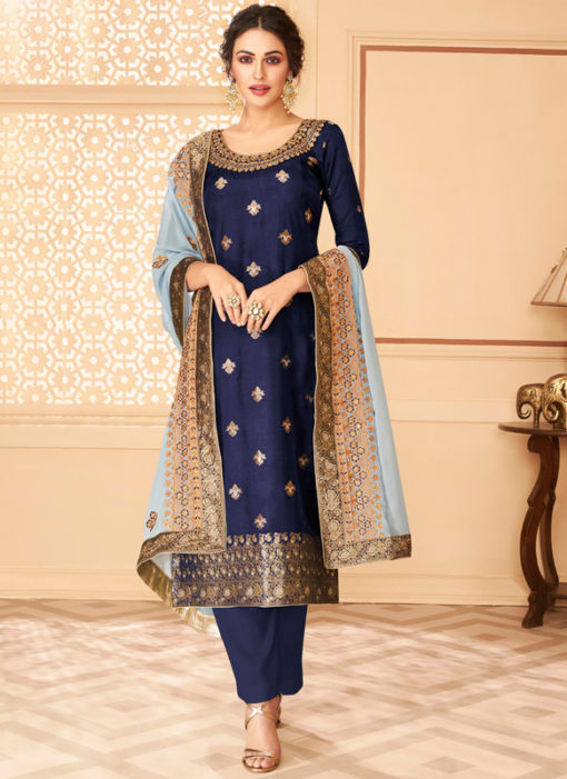Amazing Blue Jacquard Silk Designer Salwar Suit