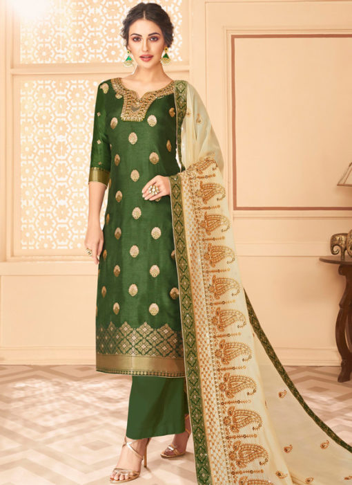 Graceful Green Jacquard Silk Designer Salwar Suit