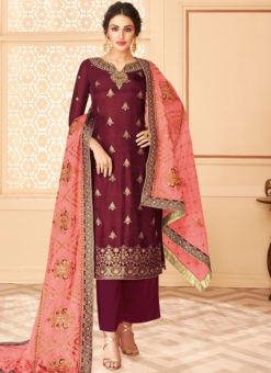 Winsome Wine Jacquard Silk Designer Salwar Suit