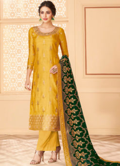 Lavish Yellow Jacquard Silk Designer Salwar Suit