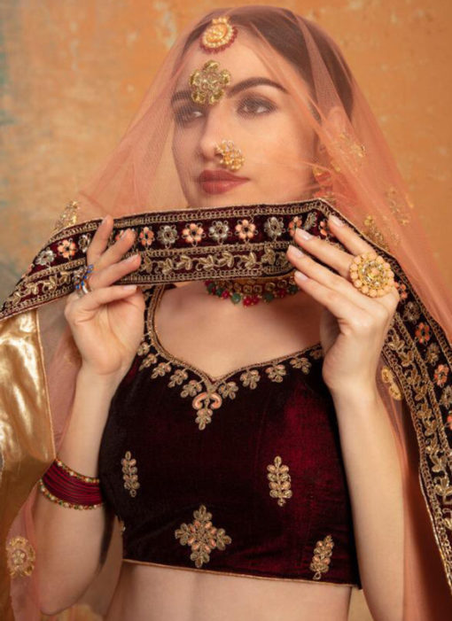 Designer Velvet Maroon Zari Work Wedding Lehenga Choli