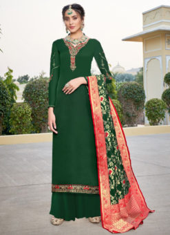 Beautiful Green Satin Embroidered Work Designer Palazzo Suit