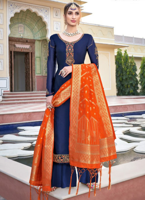 Lovely Navy Blue Satin Embroidered Work Designer Palazzo Suit