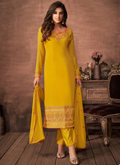 Partywear Designer Embroidered Yellow Faux Georgette Salwar Suit