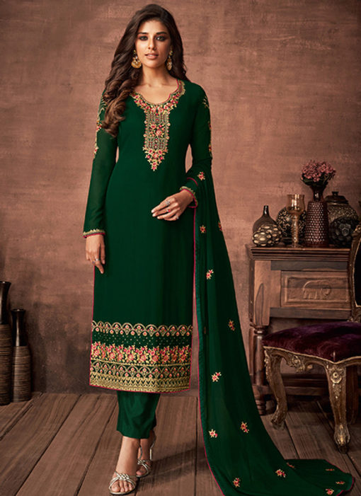 Partywear Designer Embroidered Green Faux Georgette Salwar Suit