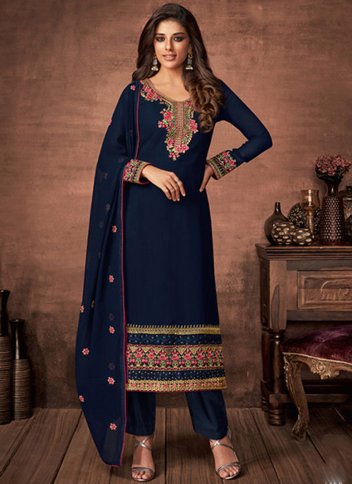 Partywear Designer Embroidered Navy Blue Faux Georgette Salwar Suit