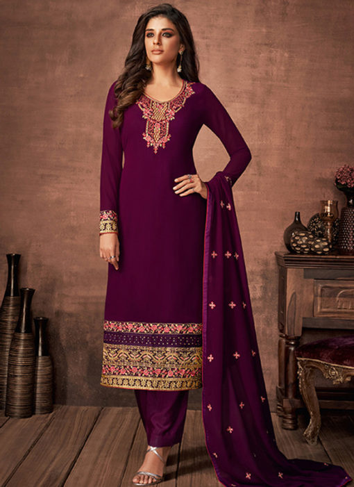 Partywear Designer Embroidered Purple Faux Georgette Salwar Suit
