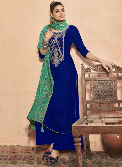 Blue Velvet Embroidered Work Party Wear Designer Salwar Suit