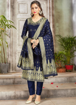 Navy Blue Banarasi Silk Weaving Party Wear Churidar Suit