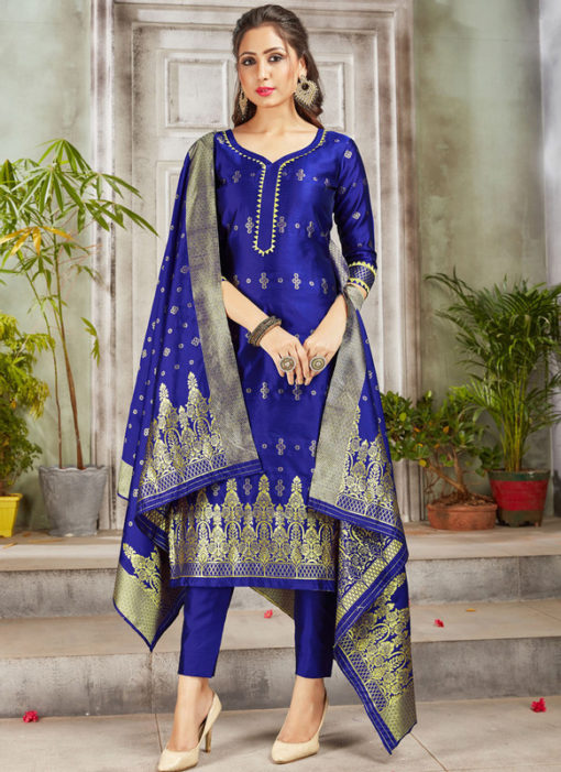 Royale Blue Banarasi Silk Weaving Party Wear Churidar Suit
