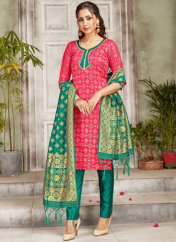 Pink Banarasi Silk Weaving Party Wear Churidar Suit