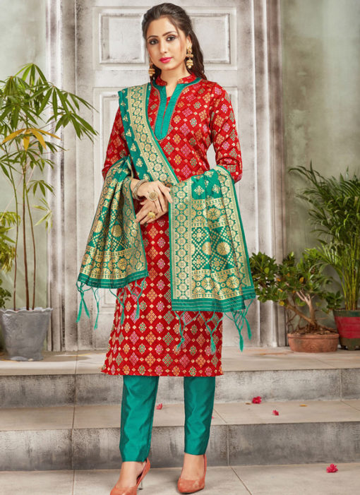 Red Banarasi Silk Weaving Party Wear Churidar Suit