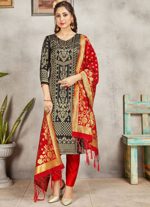 Black Banarasi Silk Weaving Party Wear Churidar Suit