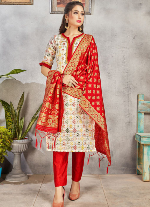 Off White Banarasi Silk Weaving Party Wear Churidar Suit