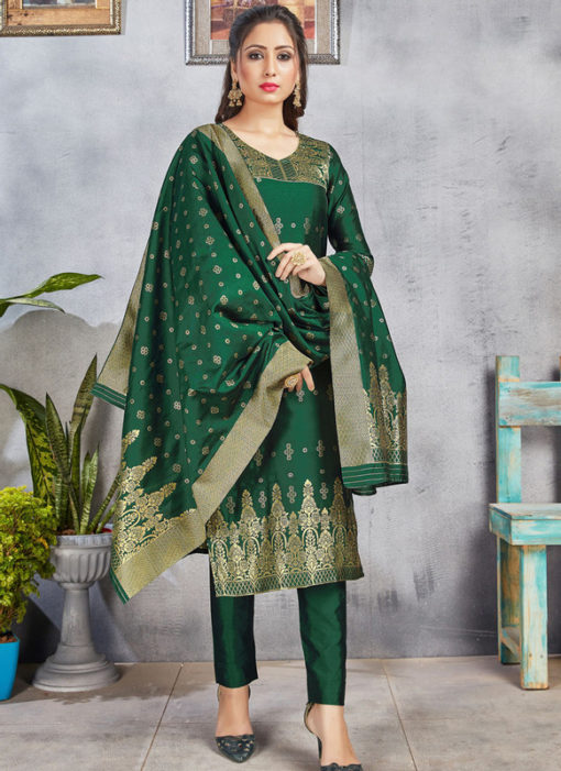 Pine Green Banarasi Silk Weaving Party Wear Churidar Suit