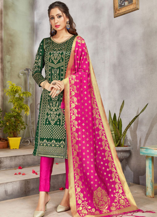 Green Banarasi Silk Weaving Party Wear Churidar Suit