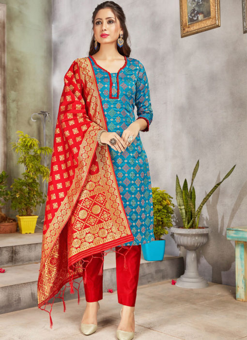 Blue Banarasi Silk Weaving Party Wear Churidar Suit