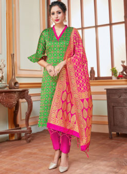 Green Banarasi Silk Zari Weaving Party Wear Churidar Suit