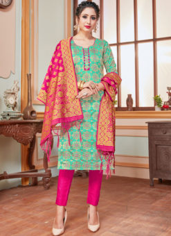 Sea Green Banarasi Silk Zari Weaving Party Wear Churidar Suit