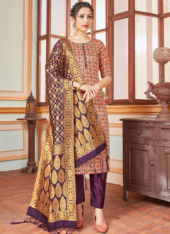 Beige Banarasi Silk Zari Weaving Party Wear Churidar Suit