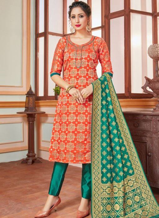 Orange Banarasi Silk Zari Weaving Party Wear Churidar Suit