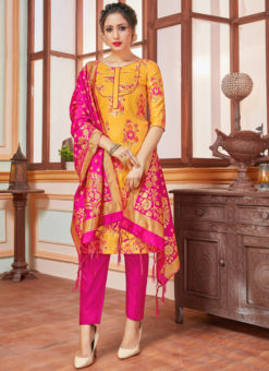 Mustred Yellow Banarasi Silk Zari Weaving Party Wear Churidar Suit